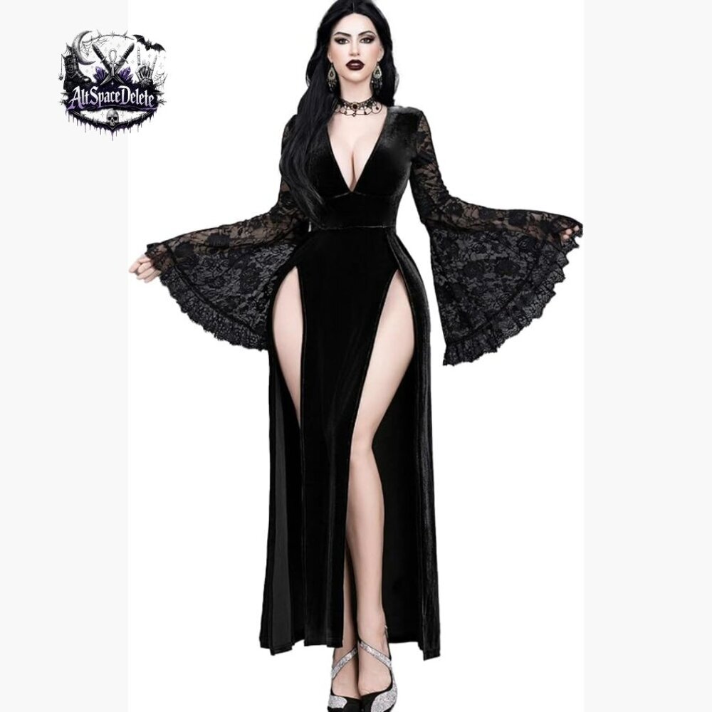 Gothic V Neck Maxi Dress with Lace Sleeves and High Slit